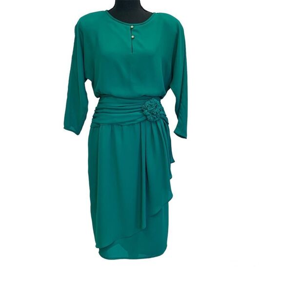 VINTAGE Emerald Green wrap skirt ruched waist dress - Picture 1 of 14